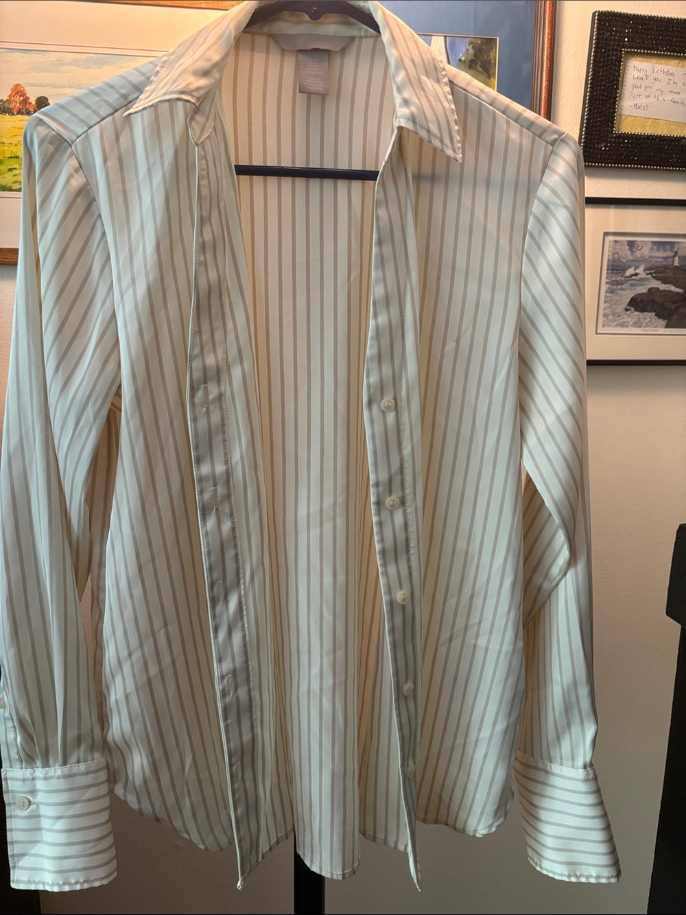 H&M Women's Cream and Light Brown Striped Button-Down Shirt